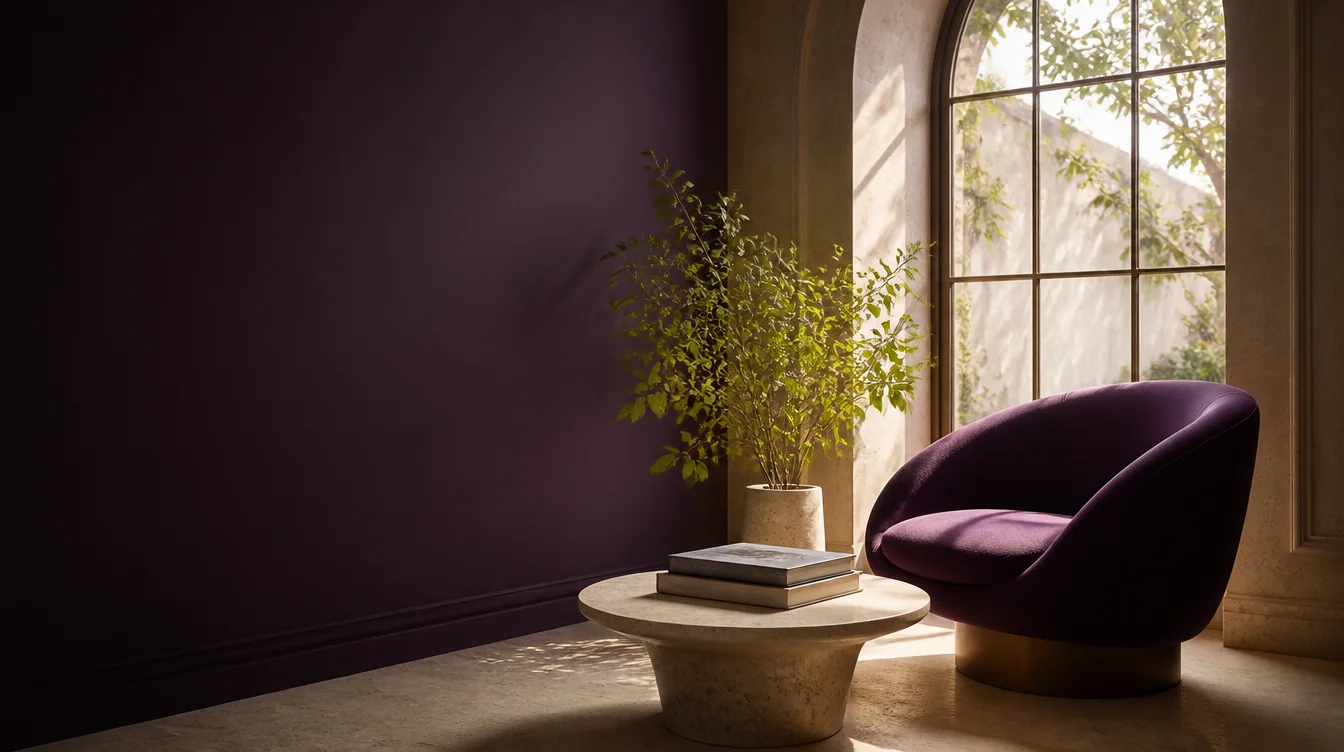 An inviting reading nook with a purple chair and a sunlit arched window